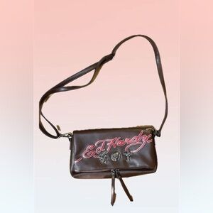 Ed Hardy Brown Crossbody Bag with Red Script